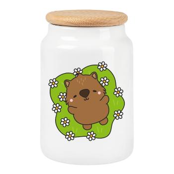 Cute beaver with a floral heart - Cookie Jar with Wooden Lid - white - Front