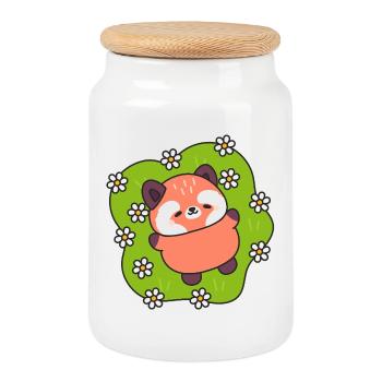 Happy Panda on Daisy Meadow - Cookie Jar with Wooden Lid - white - Front