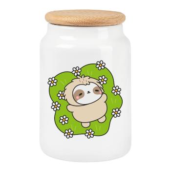Sloth in the flowery meadow - Cookie Jar with Wooden Lid - white - Front