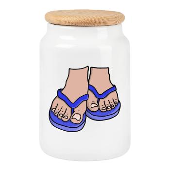 Pieds de tongs bleus - Boîte à biscuits avec couvercle en bois - blanc - Devant