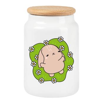 Kawaii Rabbit Under Daisies - Cookie Jar with Wooden Lid - white - Front