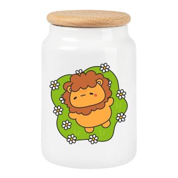 Merry lion cub on flowering lawn - Cookie Jar with Wooden Lid - white - Front