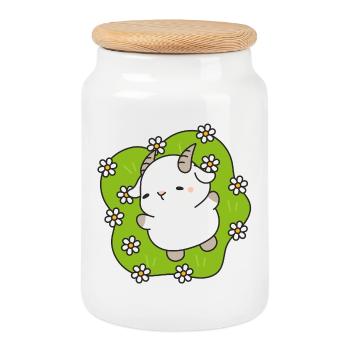 Kawaii Lamb Daisies - Cookie Jar with Wooden Lid - white - Front