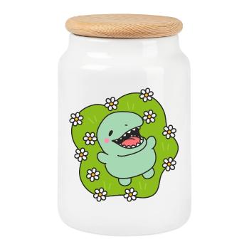Happy Dinosaur in Spring - Cookie Jar with Wooden Lid - white - Front