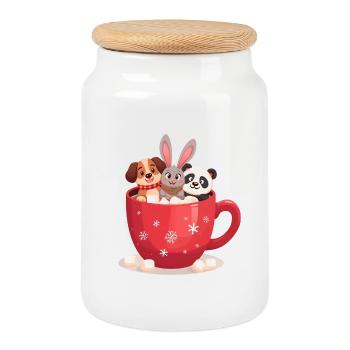Hot Chocolate Trio – Cute Holiday Animals - Cookie Jar with Wooden Lid - white - Front