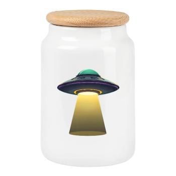 UFO Light Beam Abduction Scene - Cookie Jar with Wooden Lid - white - Front