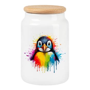 Rainbow Penguin Splash Art - Cookie Jar with Wooden Lid - white - Front