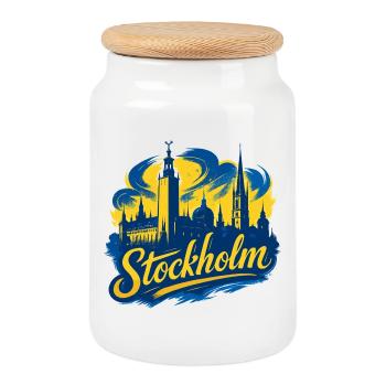 Stockholm Yellow Blue Capital Sweden Gift - Cookie Jar with Wooden Lid - white - Front