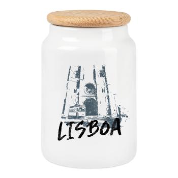 Lisbon Cathedral Monochrome Illustration Design - Cookie Jar with Wooden Lid - white - Front