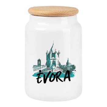 Toit cathédrale Évora illustration bleutée - Boîte à biscuits avec couvercle en bois - blanc - Devant