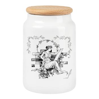 A woman reading a scroll, a poet in a garden. - Cookie Jar with Wooden Lid - white - Front