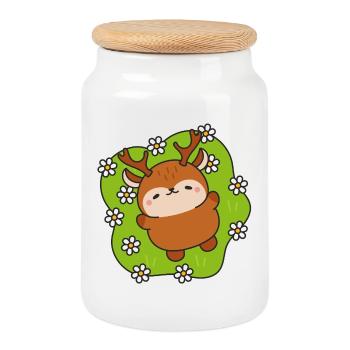 Merry deer among daisies - Cookie Jar with Wooden Lid - white - Front