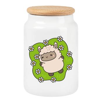 Agneau fleuri dansant parmi les marguerites - Boîte à biscuits avec couvercle en bois - blanc - Devant