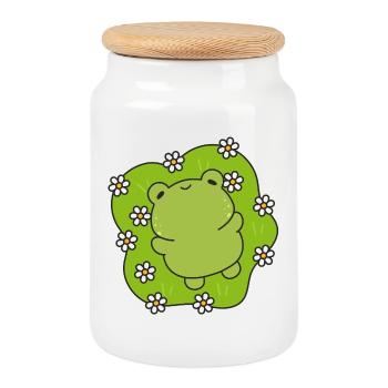 Kawaii frog with a flowery heart - Cookie Jar with Wooden Lid - white - Front