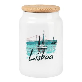 Lisbon Bridge 25 April view of the Tagus River black lettering - Cookie Jar with Wooden Lid - white - Front
