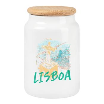 Christ the King of Lisbon seen from the sky blue lettering - Cookie Jar with Wooden Lid - white - Front
