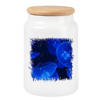 Méduse bleue brillante avec bioluminescence - Boîte à biscuits avec couvercle en bois - blanc - Devant
