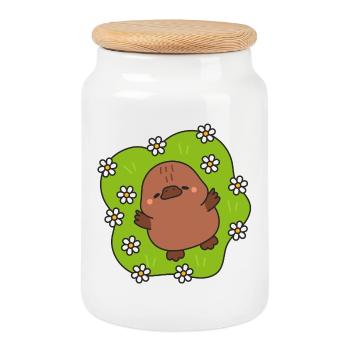 Kawaii chick on flowers background - Cookie Jar with Wooden Lid - white - Front