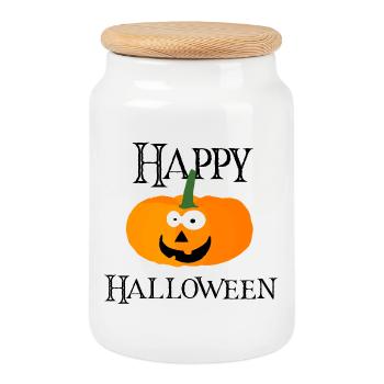 Pumpkin Cartoon Halloween Smile - Cookie Jar with Wooden Lid - white - Front