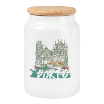 Porto historic center tram illustration - Cookie Jar with Wooden Lid - white - Front