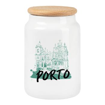 Porto historic center tram illustration - Cookie Jar with Wooden Lid - white - Front