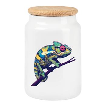 Pop Art Chameleon – Colorful Animal Motif - Cookie Jar with Wooden Lid - white - Front