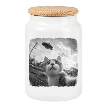 Chat et OVNI - Boîte à biscuits avec couvercle en bois - blanc - Devant