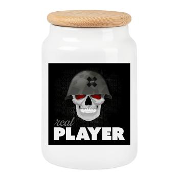 Skull Veteran – Real Player Gaming Helmet Design - Cookie Jar with Wooden Lid - white - Front