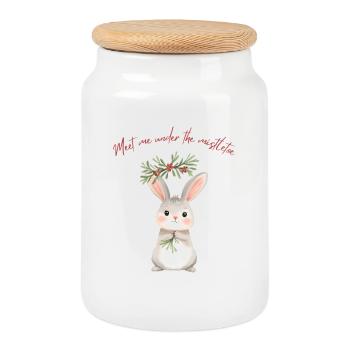 Bunny Under Mistletoe Christmas Design - Cookie Jar with Wooden Lid - white - Front