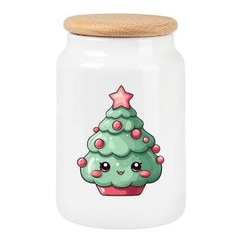 Breloque sapin de Noël kawaii - Boîte à biscuits avec couvercle en bois - blanc - Devant