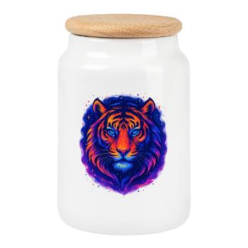 Neon Tiger Kunst Design – Wilder Blick - Cookie Jar with Wooden Lid - white - Front