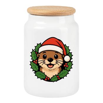 Weihnachts Otter – Lustiges XMAS Tier Cartoon - Keksdose mit Holzdeckel - Weiß - Vorne