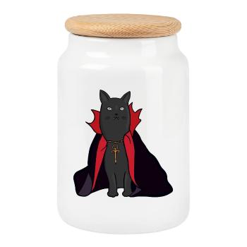 Midnight Vampire Cat with a Cape - Cookie Jar with Wooden Lid - white - Front