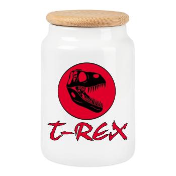 Tyrannosaurus Rex and Red Sun - Cookie Jar with Wooden Lid - white - Front