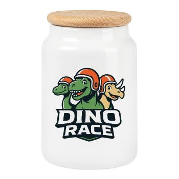 DinoRace Dinosaurier Race Logo - Keksdose mit Holzdeckel - Weiß - Vorne