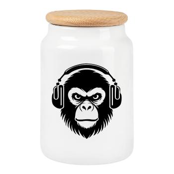 Techno Nightclub Party Groovy Monkey Head Shirt - Cookie Jar with Wooden Lid - white - Front