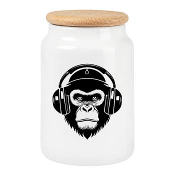 DJ Grooves Streetwear Urbaner Affenkopf Shirt - Keksdose mit Holzdeckel - Weiß - Vorne