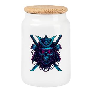 Cyber Samurai Crâne Neon Design - Boîte à biscuits avec couvercle en bois - blanc - Devant