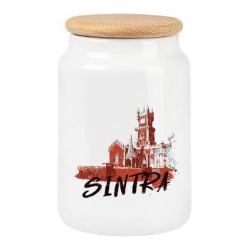 Palais de Pena Sintra illustration ocre rouge - Boîte à biscuits avec couvercle en bois - blanc - Devant
