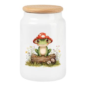 Grenouille aquarelle avec chapeau de champignon sur tronc d’arbre - Boîte à biscuits avec couvercle en bois - blanc - Devant