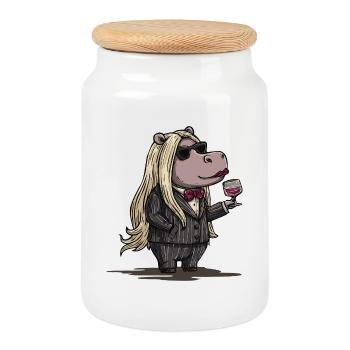 Stylish Gangster Hippo - Keksdose mit Holzdeckel - Weiß - Vorne