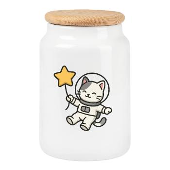 Süße Astro Katze mit Stern Ballon - Keksdose mit Holzdeckel - Weiß - Vorne