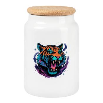 Neon Tiger Rage Galaxy Design - Boîte à biscuits avec couvercle en bois - blanc - Devant