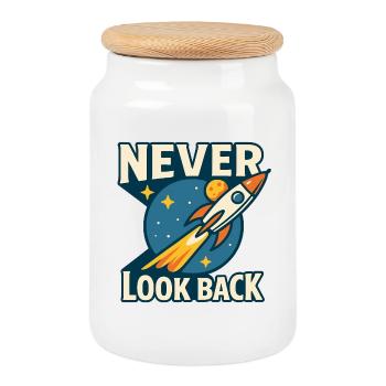 Ne regardez jamais en arrière Motif de fusée Espace rétro - Boîte à biscuits avec couvercle en bois - blanc - Devant