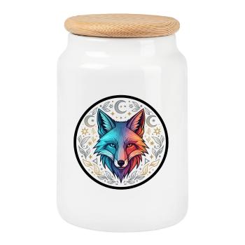 Colorful wolf in circle ornament - Cookie Jar with Wooden Lid - white - Front