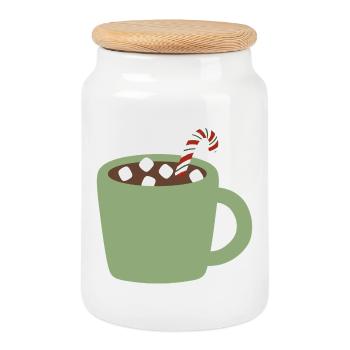 Green Mug Cocoa with Candy Cane - Cookie Jar with Wooden Lid - white - Front