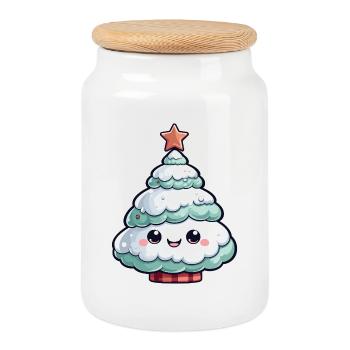 Pastellfarbener schneebedeckter Baum Stern - Keksdose mit Holzdeckel - Weiß - Vorne