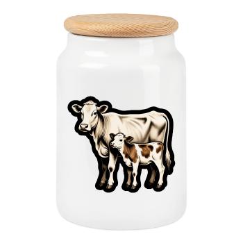 Mother Cow with Calf – Retro Animal Illustration - Cookie Jar with Wooden Lid - white - Front