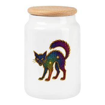 Galaktische Glitzerkatze zu Halloween - Keksdose mit Holzdeckel - Weiß - Vorne