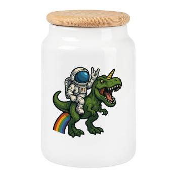 Astronaute chevauchant la licorne T-Rex - Boîte à biscuits avec couvercle en bois - blanc - Devant